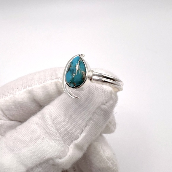 Genuine Copper Turquoise .925 Sterling Silver Moon Teardrop Ring - Picture 8 of 15